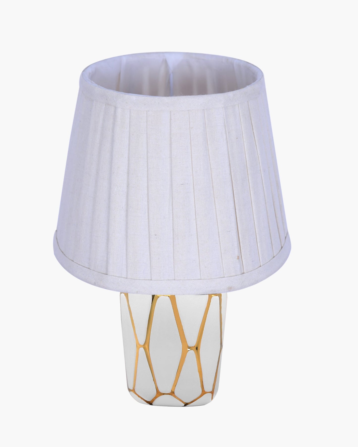 Retro Ceramic Base Bedside Table Lamp, Table Lamps for Home Decoration and Bedroom Decor with On/Off Button, Night Lamp with Cotton Fabric Shade, White Gold Hive, Khadi Frill