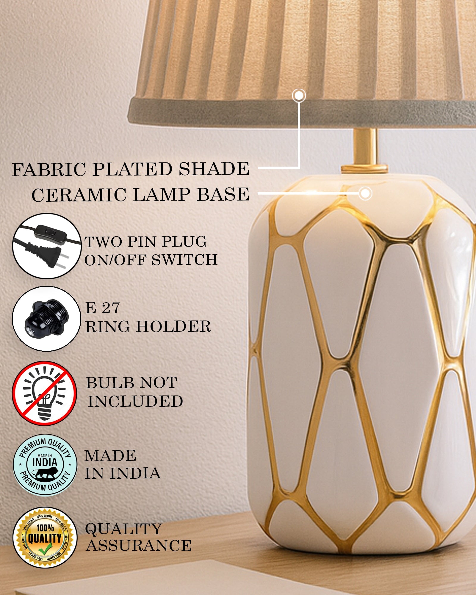 Retro Ceramic Base Bedside Table Lamp, Table Lamps for Home Decoration and Bedroom Decor with On/Off Button, Night Lamp with Cotton Fabric Shade, White Gold Hive, Khadi Frill