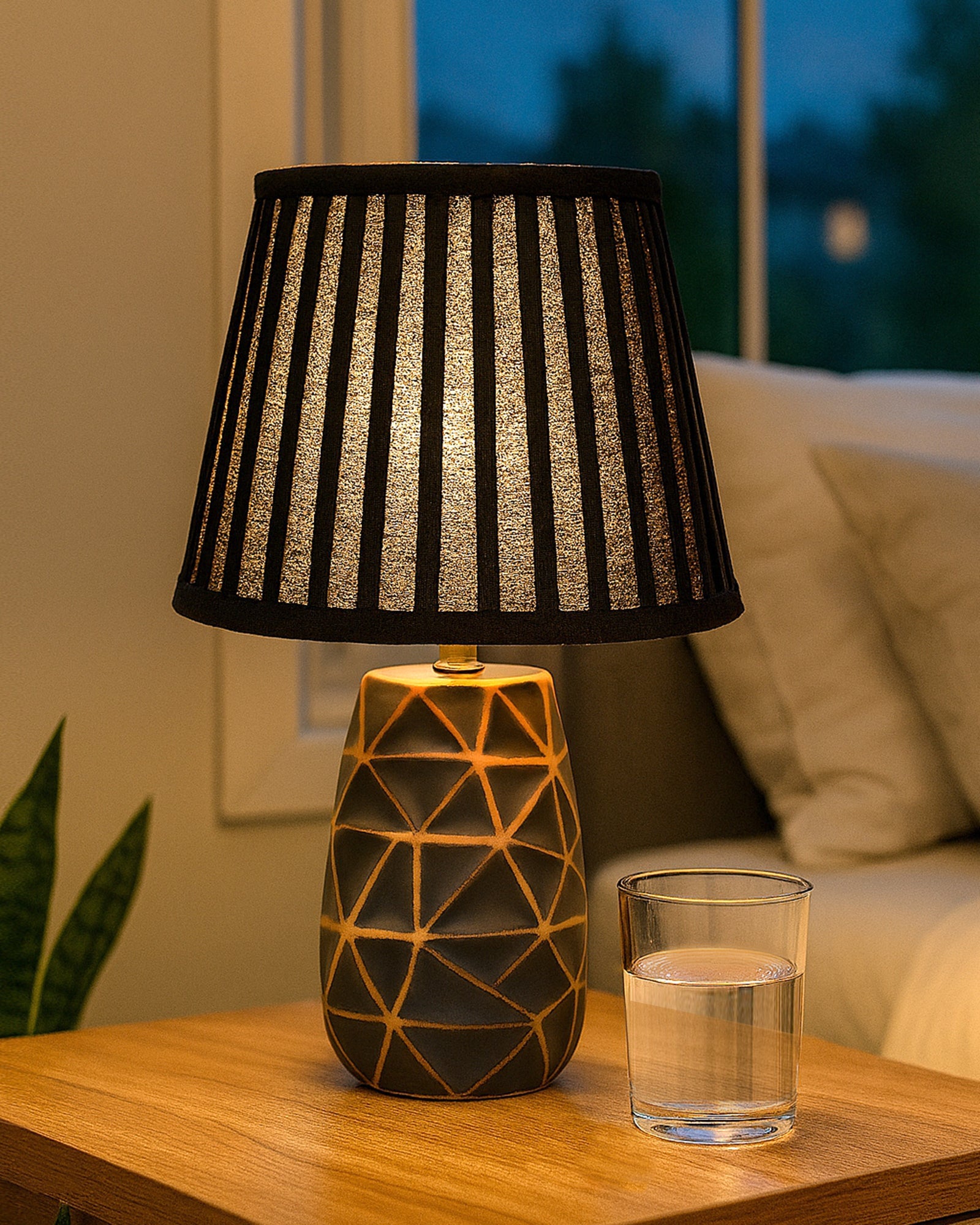 Modern Ceramic Base Bedside Table Lamp, Table Lamps for Home Decoration and Bedroom Decor with On/Off Button, Night Lamp with Cotton Fabric Shade, Graphite Prism, Khadi
