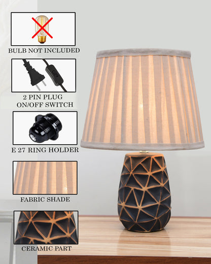 Modern Ceramic Base Bedside Table Lamp, Table Lamps for Home Decoration and Bedroom Decor with On/Off Button, Night Lamp with Cotton Fabric Shade, Graphite Prism, Khadi