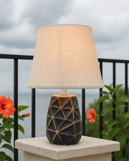 Modern Ceramic Base Bedside Table Lamp, Table Lamps for Home Decoration and Bedroom Decor with On/Off Button, Night Lamp with Cotton Fabric Shade, Graphite Prism, Khadi