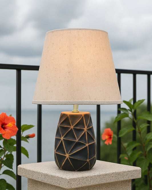 Modern Ceramic Base Bedside Table Lamp, Table Lamps for Home Decoration and Bedroom Decor with On/Off Button, Night Lamp with Cotton Fabric Shade, Graphite Prism, Khadi