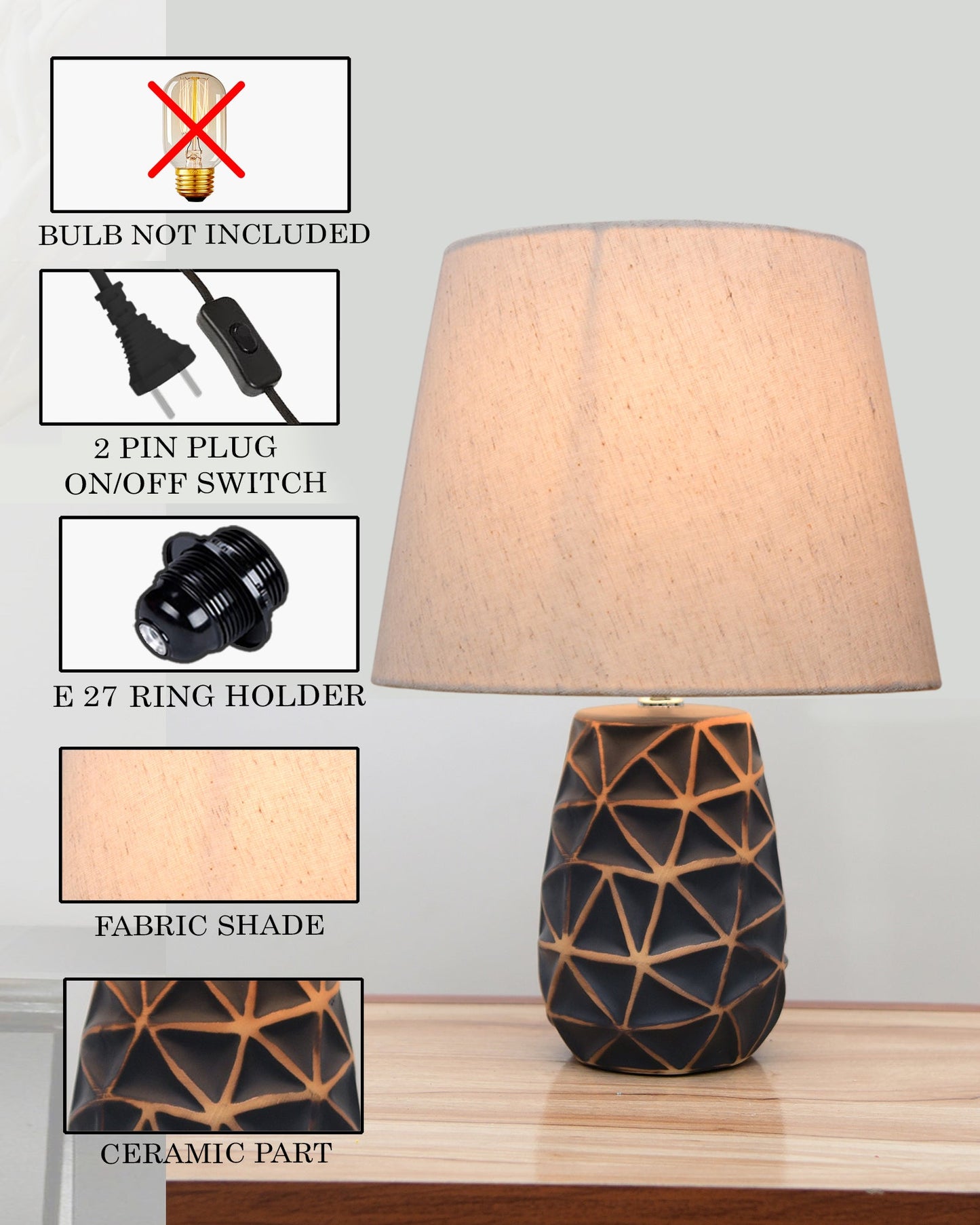 Modern Ceramic Base Bedside Table Lamp, Table Lamps for Home Decoration and Bedroom Decor with On/Off Button, Night Lamp with Cotton Fabric Shade, Graphite Prism, Khadi