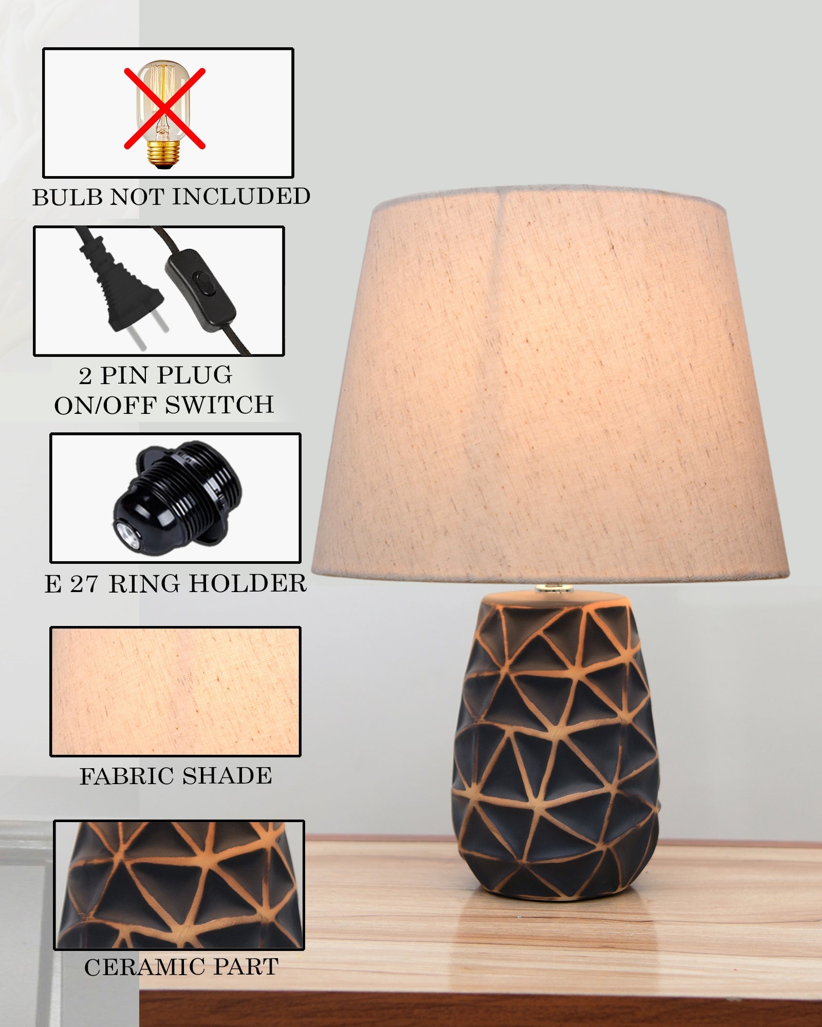Modern Ceramic Base Bedside Table Lamp, Table Lamps for Home Decoration and Bedroom Decor with On/Off Button, Night Lamp with Cotton Fabric Shade, Graphite Prism, Khadi