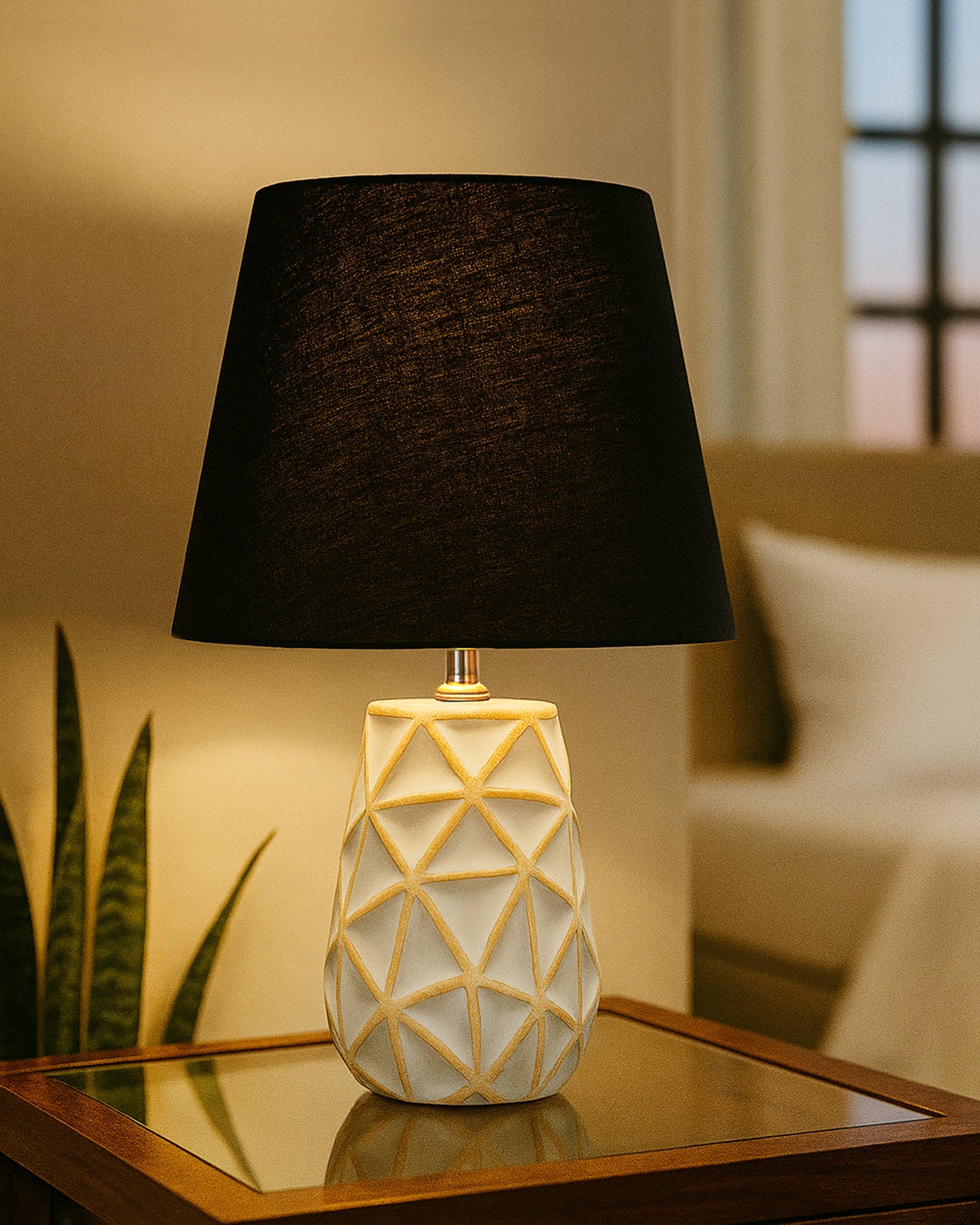 Retro Ceramic Base Bedside Table Lamp, Table Lamps for Home Decoration and Bedroom Decor with On/Off Button, Night Lamp with Cotton Fabric Shade, Whitewash Prism, Khadi