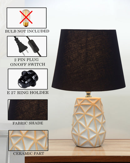 Retro Ceramic Base Bedside Table Lamp, Table Lamps for Home Decoration and Bedroom Decor with On/Off Button, Night Lamp with Cotton Fabric Shade, Whitewash Prism, Khadi