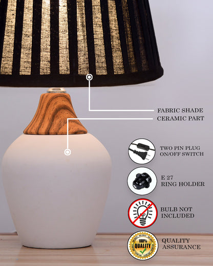 Modern Ceramic Table Lamp with Fabric Shade, Minimal Bedside Lamp for Living Room & Bedroom, White Pottery Inspired, Khadi Shade