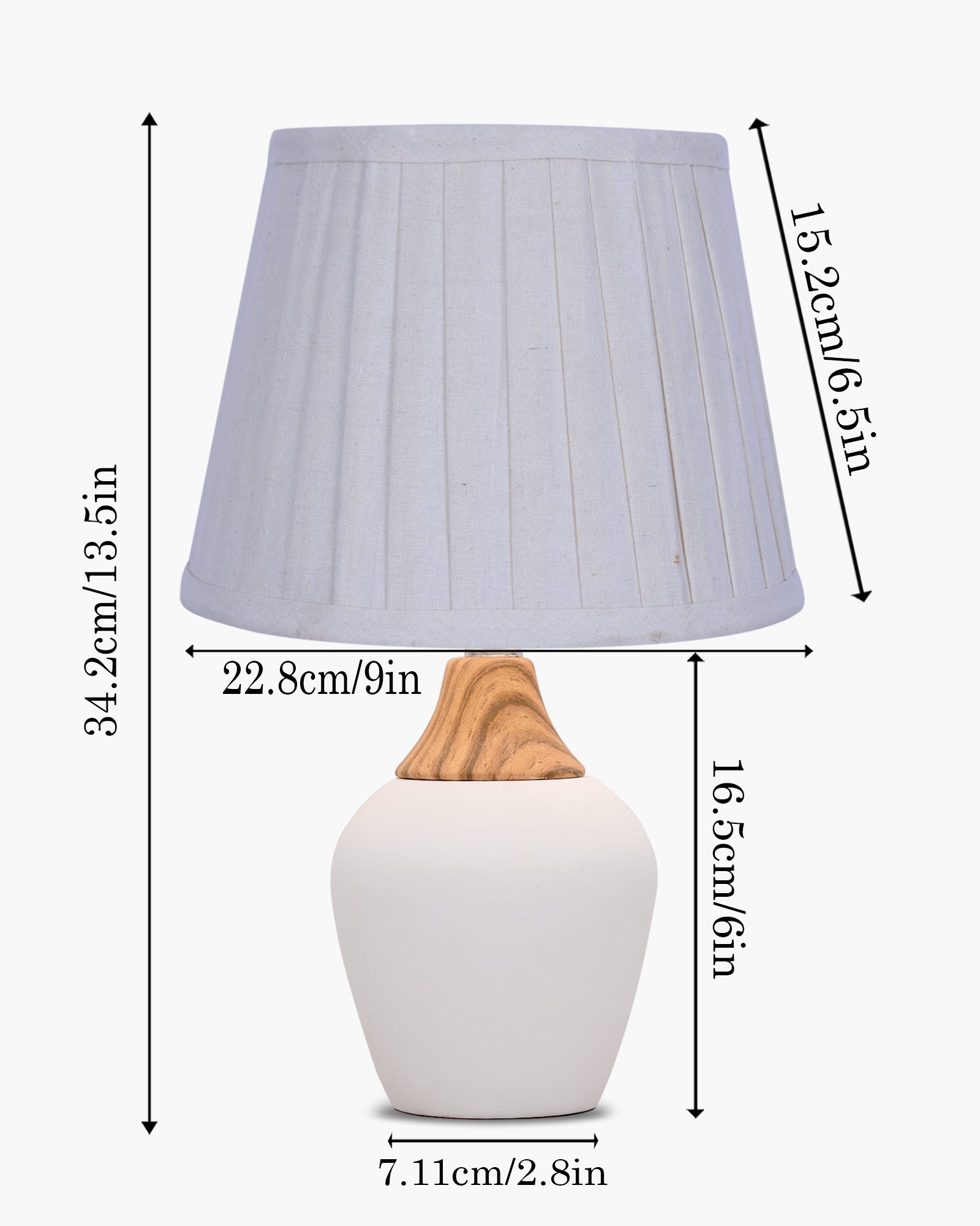 Modern Ceramic Table Lamp with Fabric Shade, Minimal Bedside Lamp for Living Room & Bedroom, White Pottery Inspired, Khadi Shade
