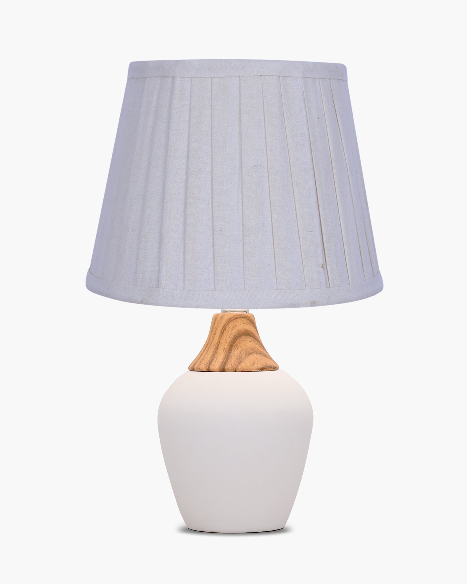 Modern Ceramic Table Lamp with Fabric Shade, Minimal Bedside Lamp for Living Room & Bedroom, White Pottery Inspired, Khadi Shade
