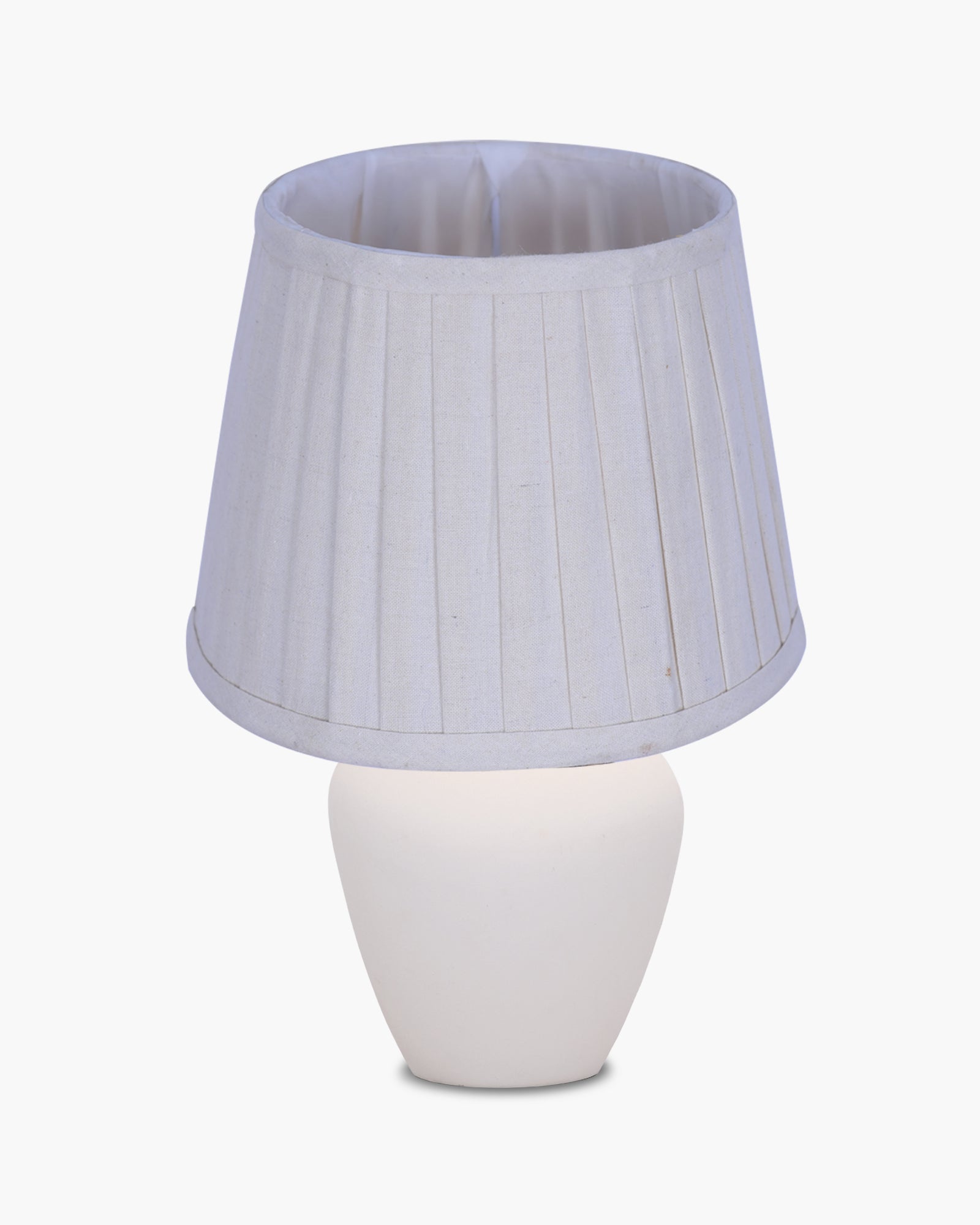 Modern Ceramic Table Lamp with Fabric Shade, Minimal Bedside Lamp for Living Room & Bedroom, White Pottery Inspired, Khadi Shade