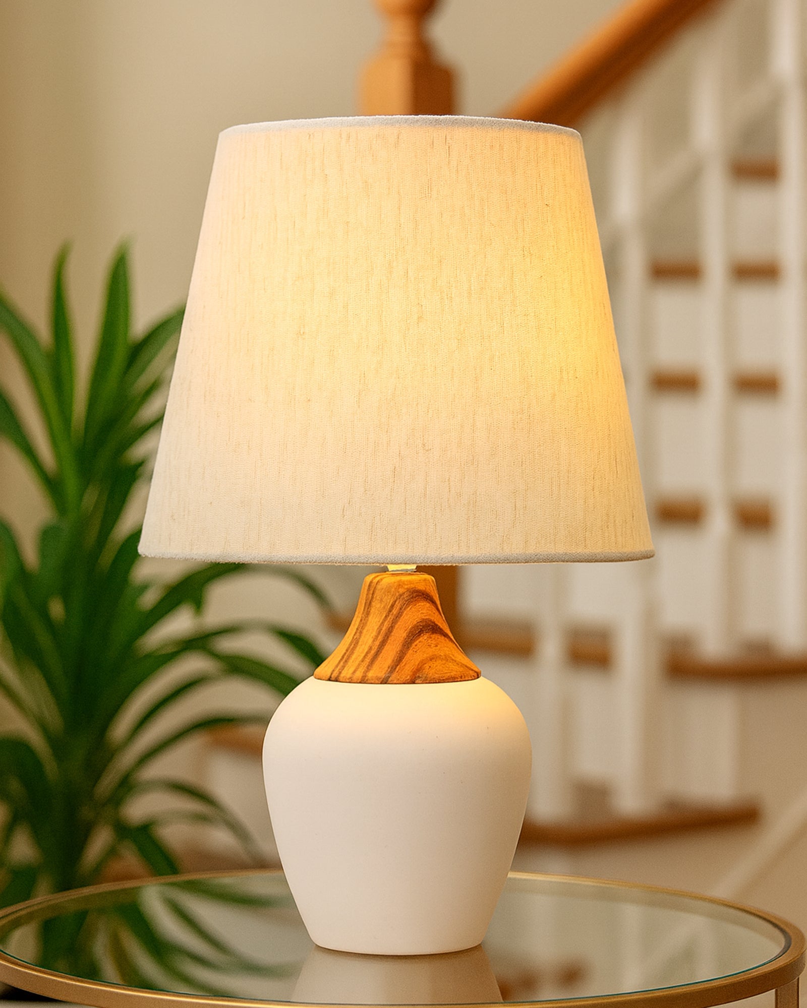 Modern Ceramic Table Lamp with Fabric Shade, Minimal Bedside Lamp for Living Room & Bedroom, White Pottery Inspired, Khadi Shade