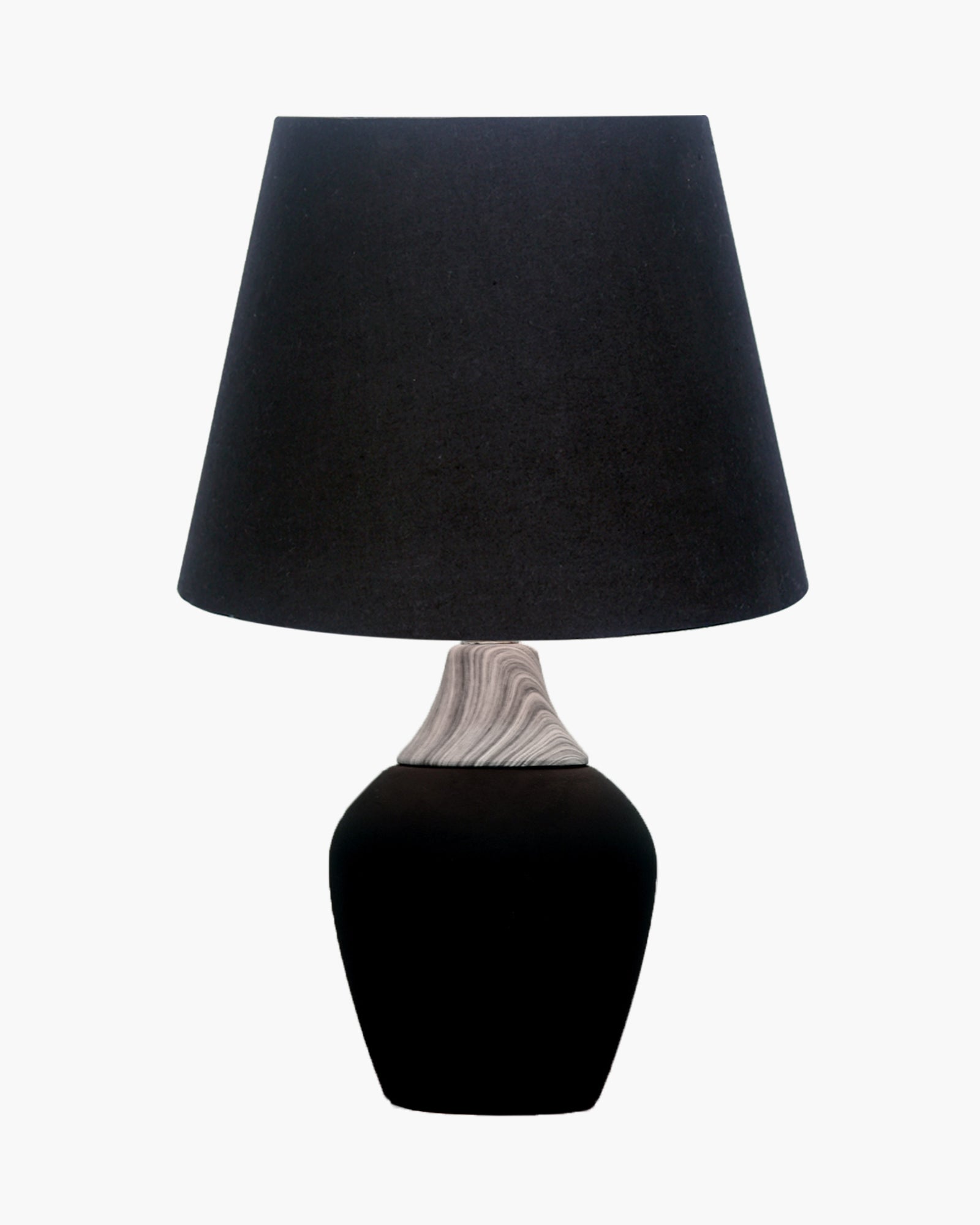 Modern Ceramic Table Lamp with Fabric Shade, Minimal Bedside Lamp for Living Room & Bedroom, Black Pottery Inspired, Khadi Shade