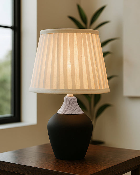 Modern Ceramic Table Lamp with Fabric Shade, Minimal Bedside Lamp for Living Room & Bedroom, Black Pottery Inspired, Khadi Shade