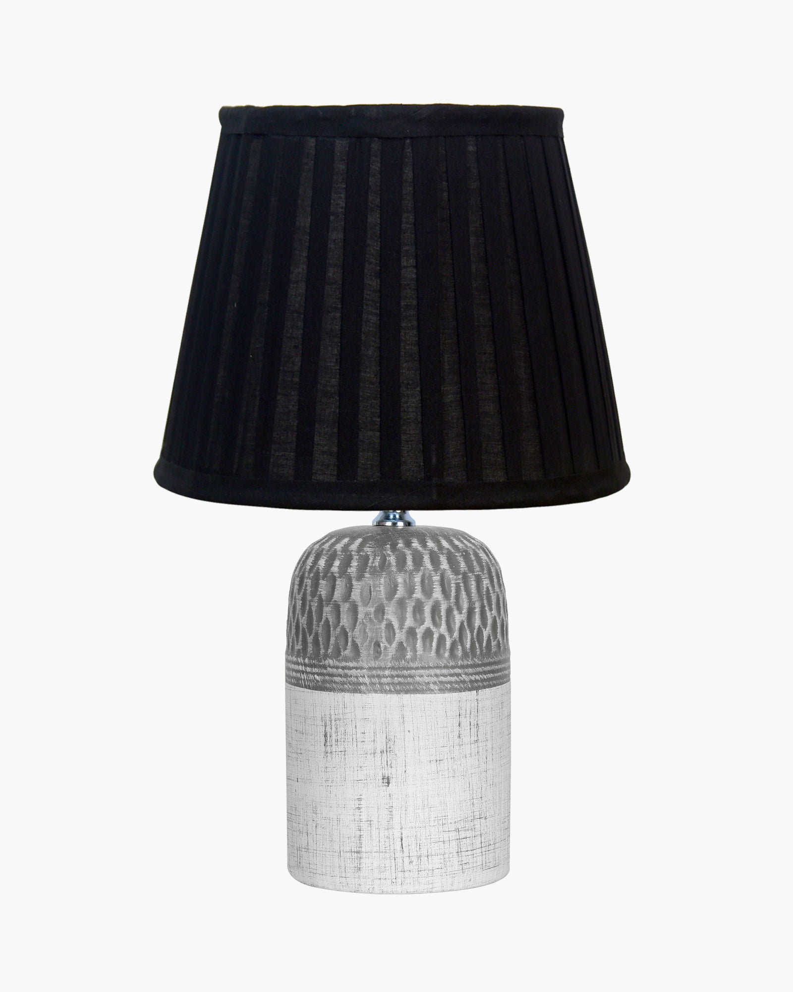 Modern Ceramic Table Lamp with Fabric Shade, Minimal Bedside Lamp for Living Room & Bedroom, Grey Carved Honeycomb Pattern, Khadi Taper