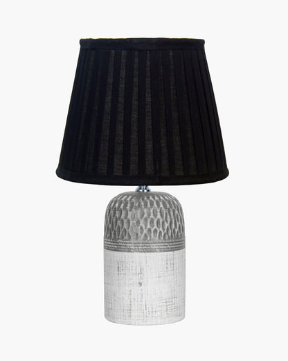 Modern Ceramic Table Lamp with Fabric Shade, Minimal Bedside Lamp for Living Room & Bedroom, Grey Carved Honeycomb Pattern, Khadi Taper