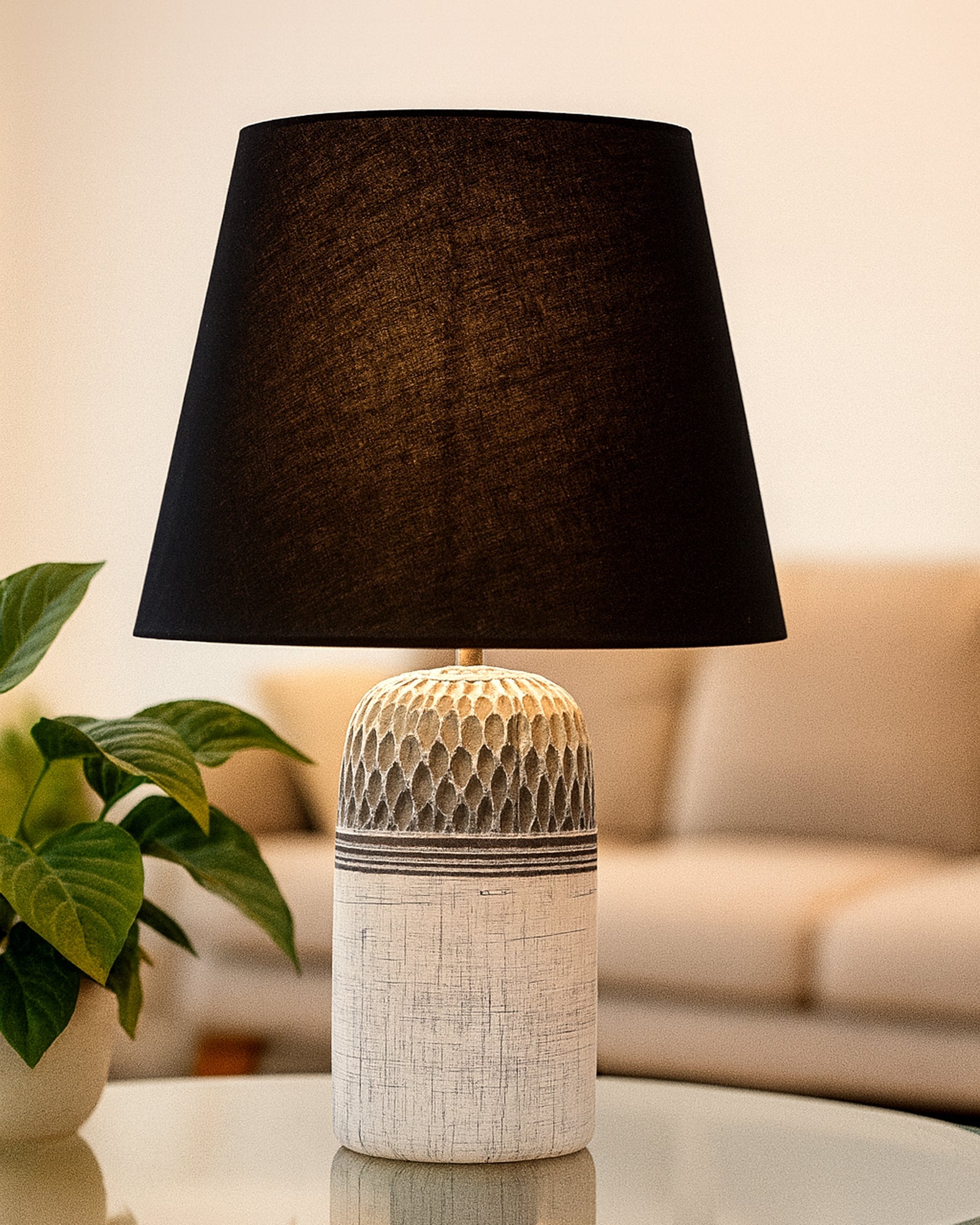 Modern Ceramic Table Lamp with Fabric Shade, Minimal Bedside Lamp for Living Room & Bedroom, Grey Carved Honeycomb Pattern, Khadi Taper