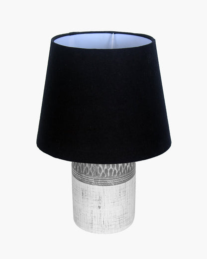 Modern Ceramic Table Lamp with Fabric Shade, Minimal Bedside Lamp for Living Room & Bedroom, Grey Carved Honeycomb Pattern, Khadi Taper