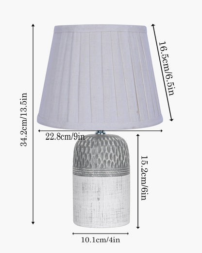 Modern Ceramic Table Lamp with Fabric Shade, Minimal Bedside Lamp for Living Room & Bedroom, Grey Carved Honeycomb Pattern, Khadi Taper