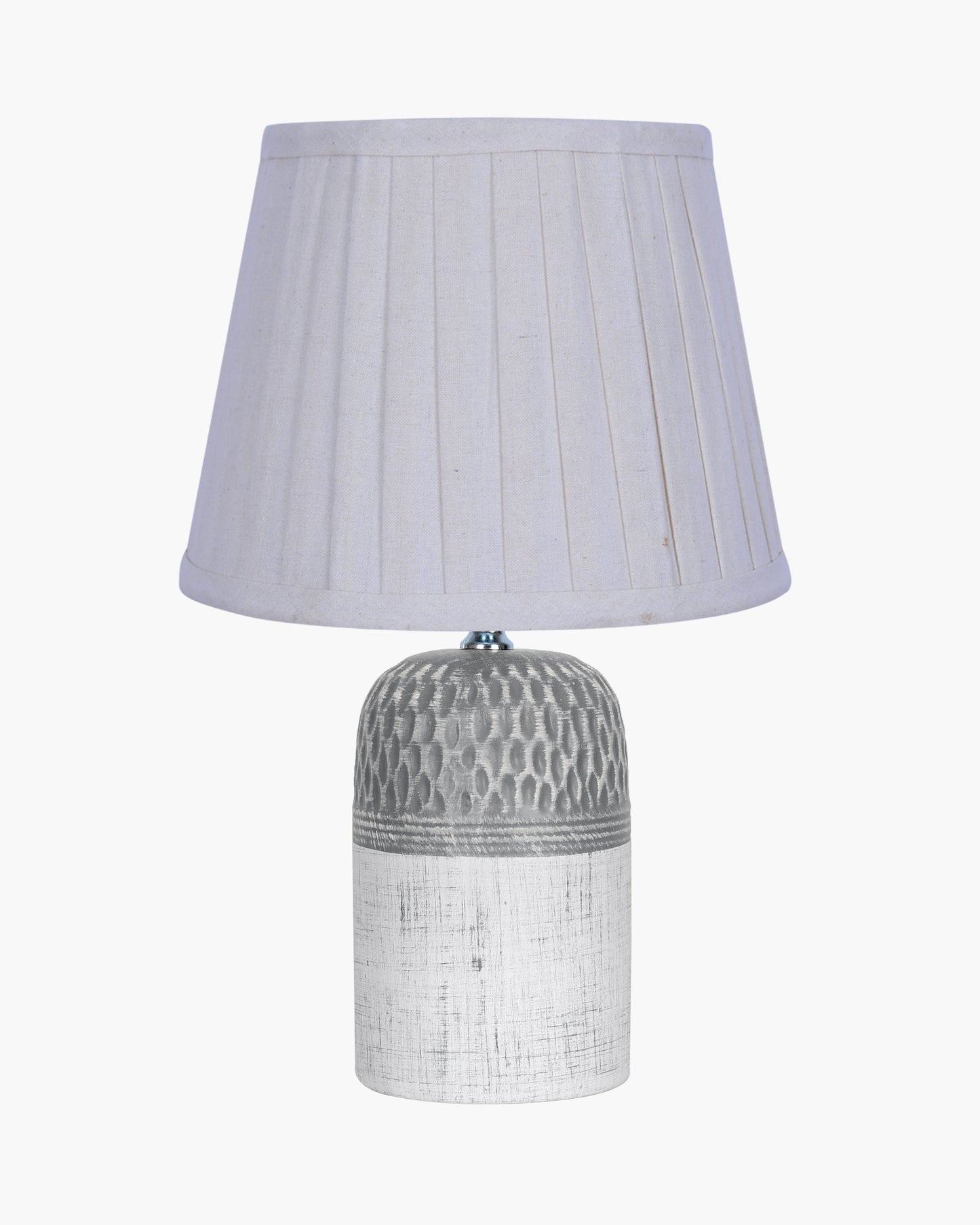 Modern Ceramic Table Lamp with Fabric Shade, Minimal Bedside Lamp for Living Room & Bedroom, Grey Carved Honeycomb Pattern, Khadi Taper