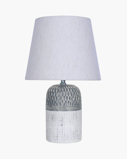 Modern Ceramic Table Lamp with Fabric Shade, Minimal Bedside Lamp for Living Room & Bedroom, Grey Carved Honeycomb Pattern, Khadi Taper