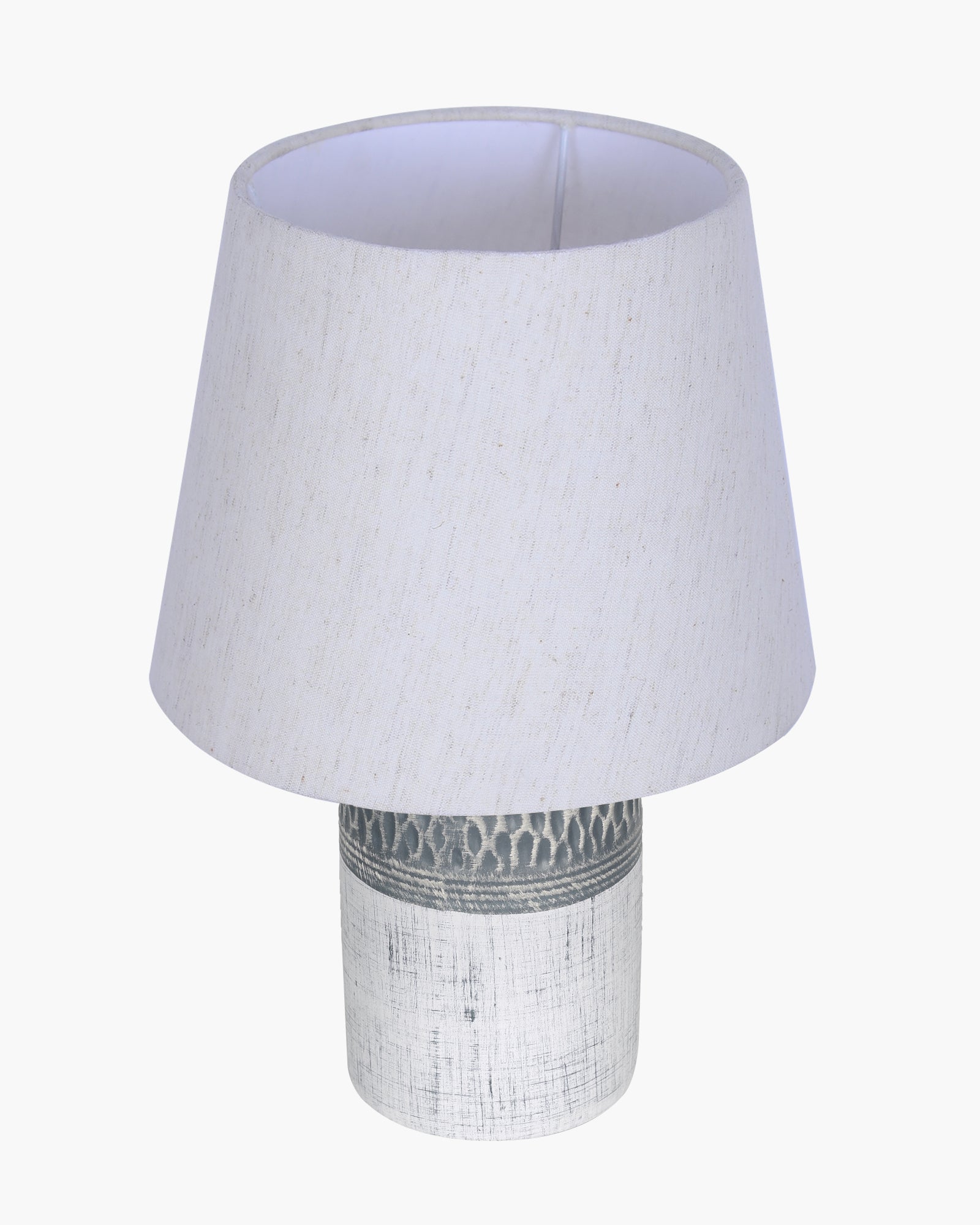 Modern Ceramic Table Lamp with Fabric Shade, Minimal Bedside Lamp for Living Room & Bedroom, Grey Carved Honeycomb Pattern, Khadi Taper