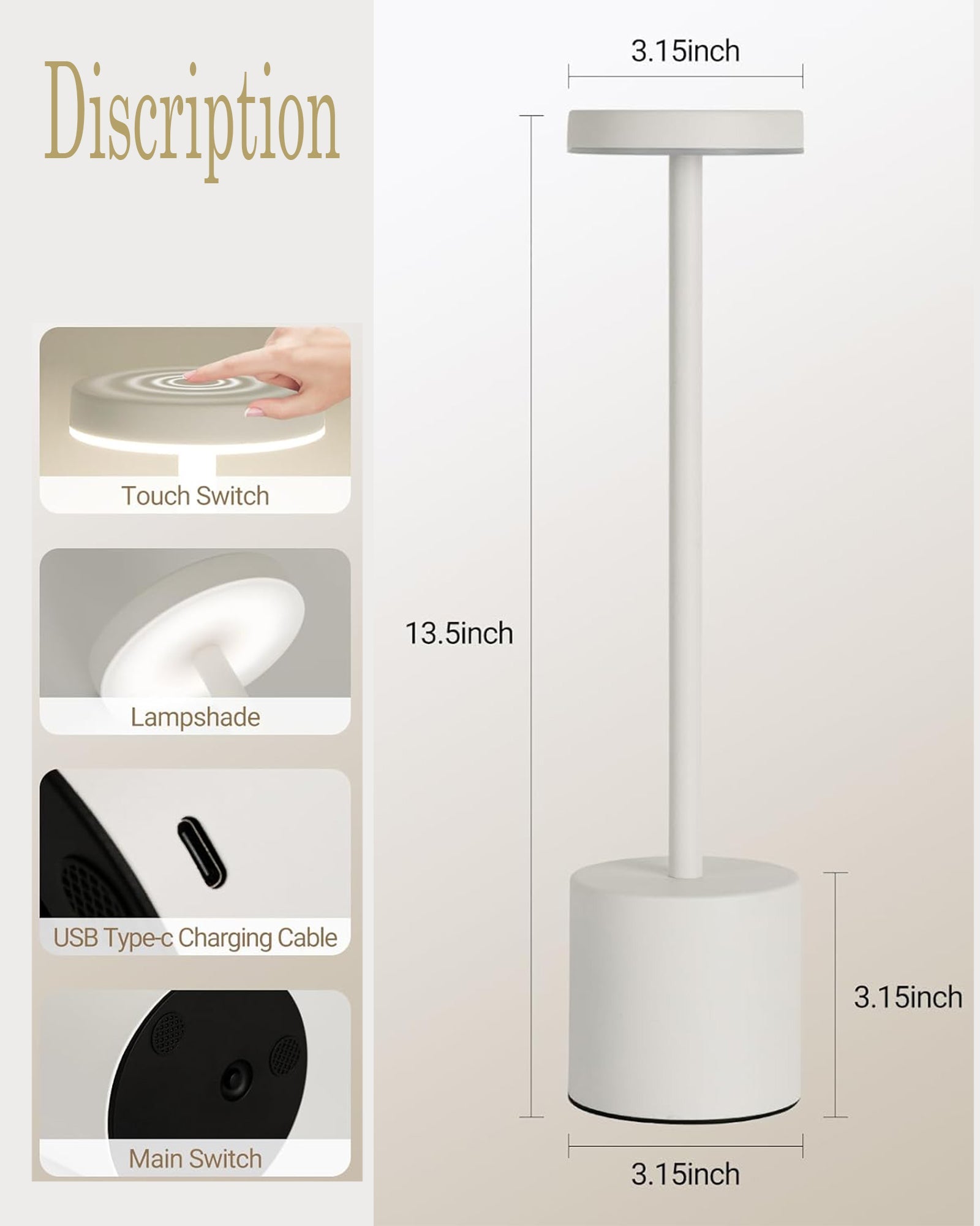 Table Lamps Rechargeable Set of 1, Portable LED Desk Lamp, Battery Powered Wireless Table Light, LED Cordless Desk Lamp, Wireless Portable Desk & Bedside Lamp for Home, Café & Restaurant