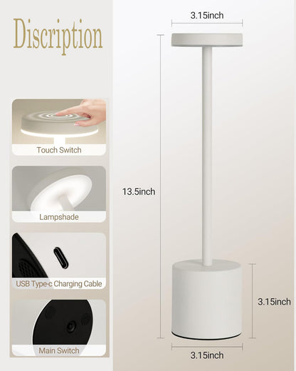 Table Lamps Rechargeable Set of 1, Portable LED Desk Lamp, Battery Powered Wireless Table Light, LED Cordless Desk Lamp, Wireless Portable Desk & Bedside Lamp for Home, Café & Restaurant