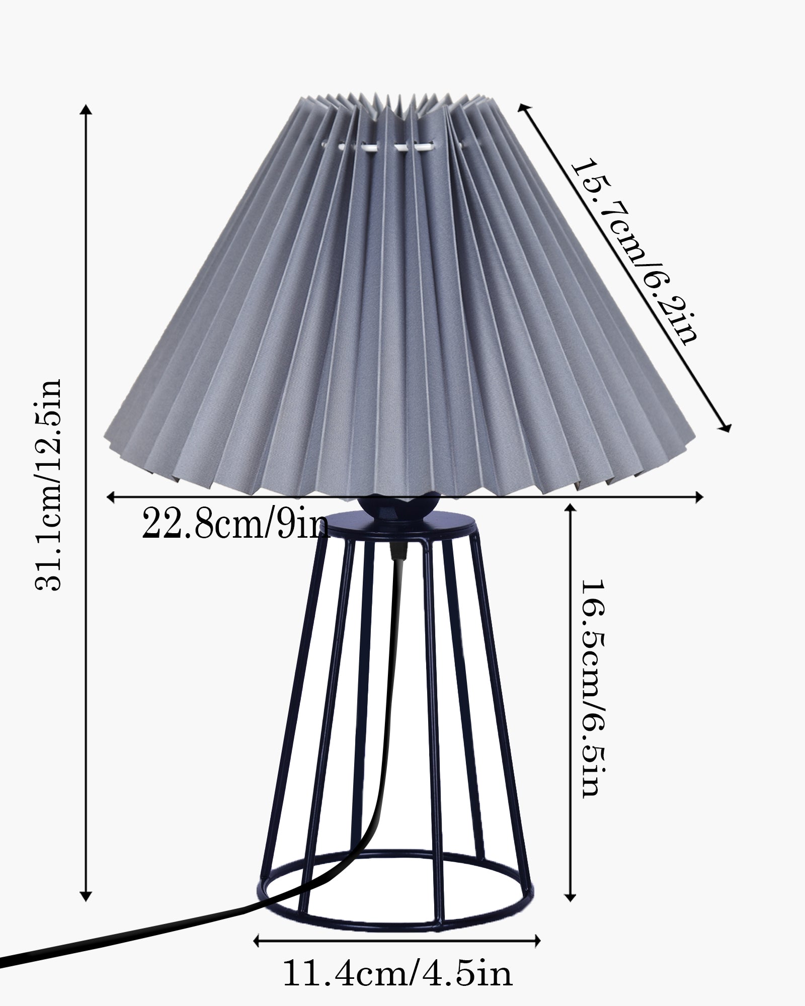 Korean Style Pleated Table Lamp with Wire Frame Base, Bedside Night Lamp for Bedroom & Living Room, Warm White Ambient Lighting, Black Taper, Pleated White