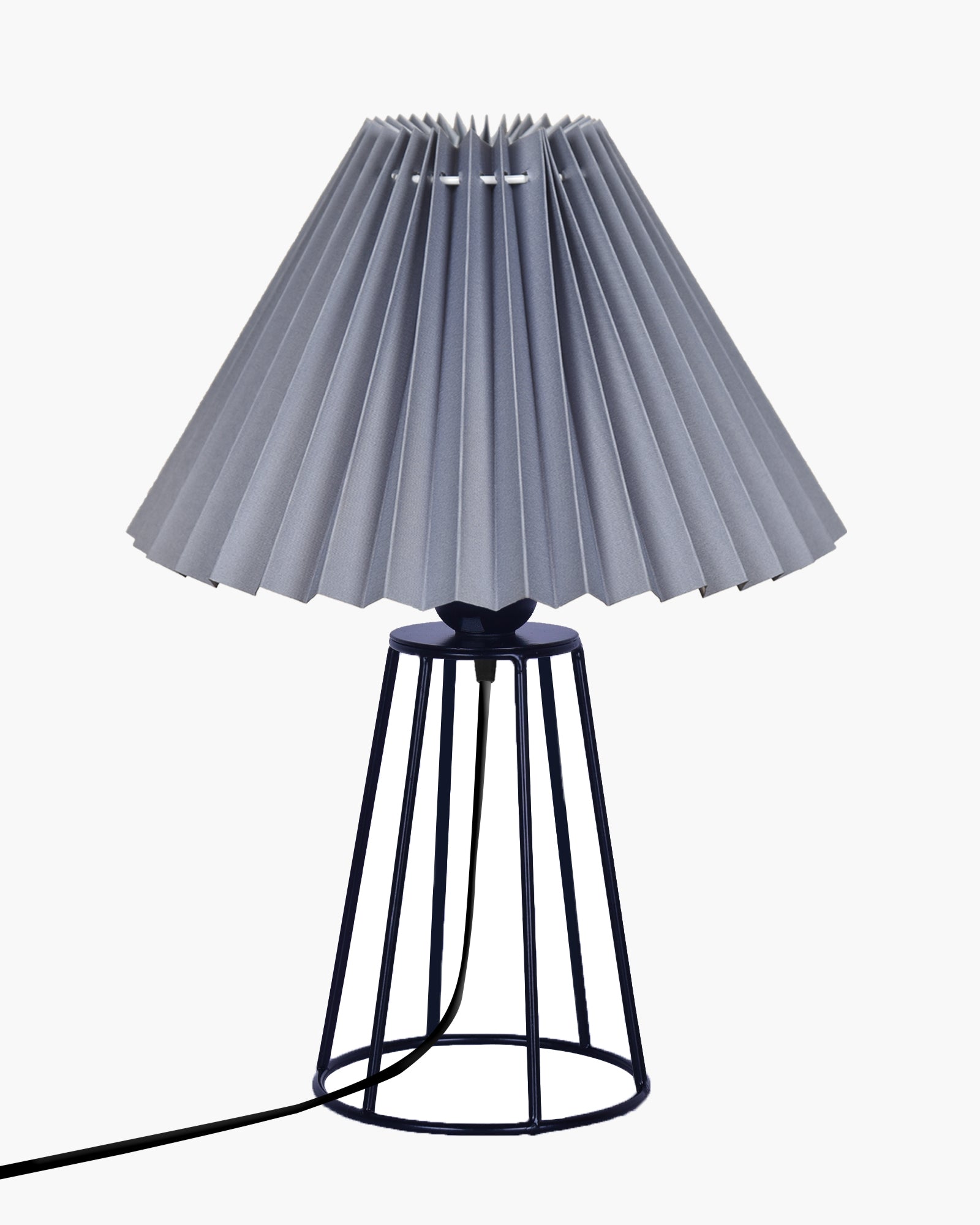 Korean Style Pleated Table Lamp with Wire Frame Base, Bedside Night Lamp for Bedroom & Living Room, Warm White Ambient Lighting, Black Taper, Pleated White
