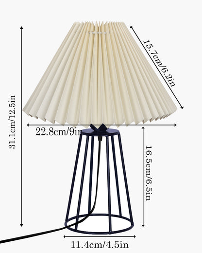 Korean Style Pleated Table Lamp with Wire Frame Base, Bedside Night Lamp for Bedroom & Living Room, Warm White Ambient Lighting, Black Taper, Pleated White