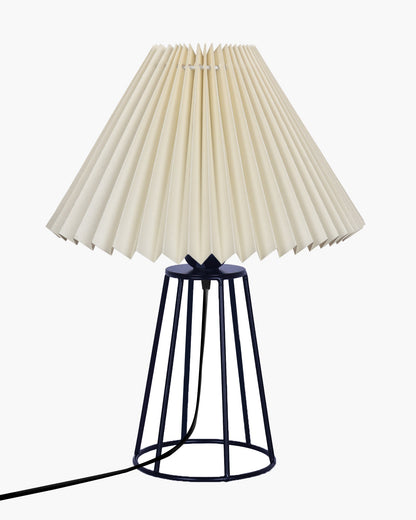 Korean Style Pleated Table Lamp with Wire Frame Base, Bedside Night Lamp for Bedroom & Living Room, Warm White Ambient Lighting, Black Taper, Pleated White