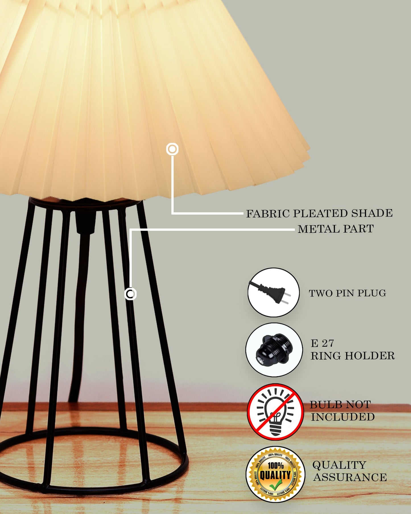 Korean Style Pleated Table Lamp with Wire Frame Base, Bedside Night Lamp for Bedroom & Living Room, Warm White Ambient Lighting, Black Taper, Pleated White