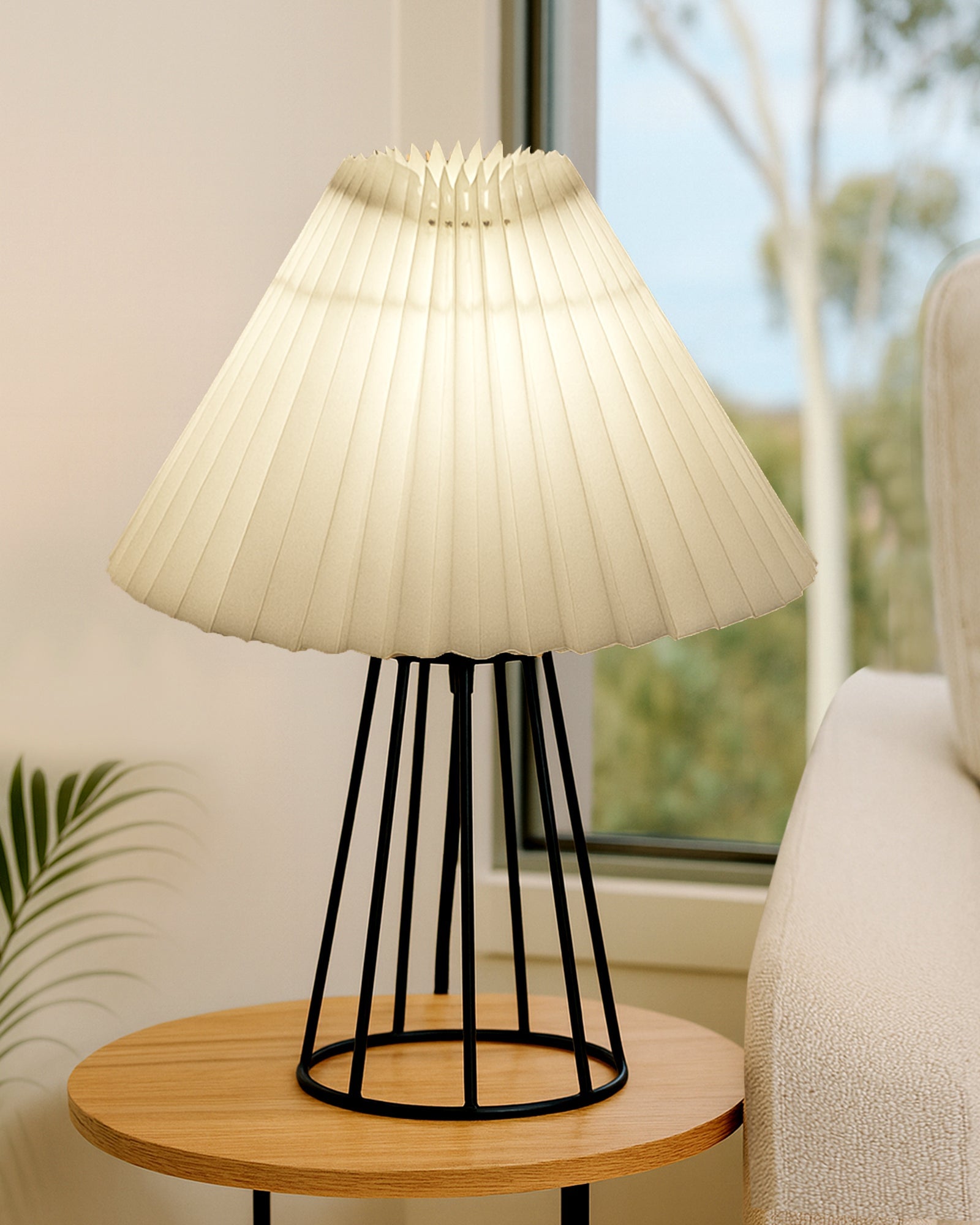 Korean Style Pleated Table Lamp with Wire Frame Base, Bedside Night Lamp for Bedroom & Living Room, Warm White Ambient Lighting, Black Taper, Pleated White