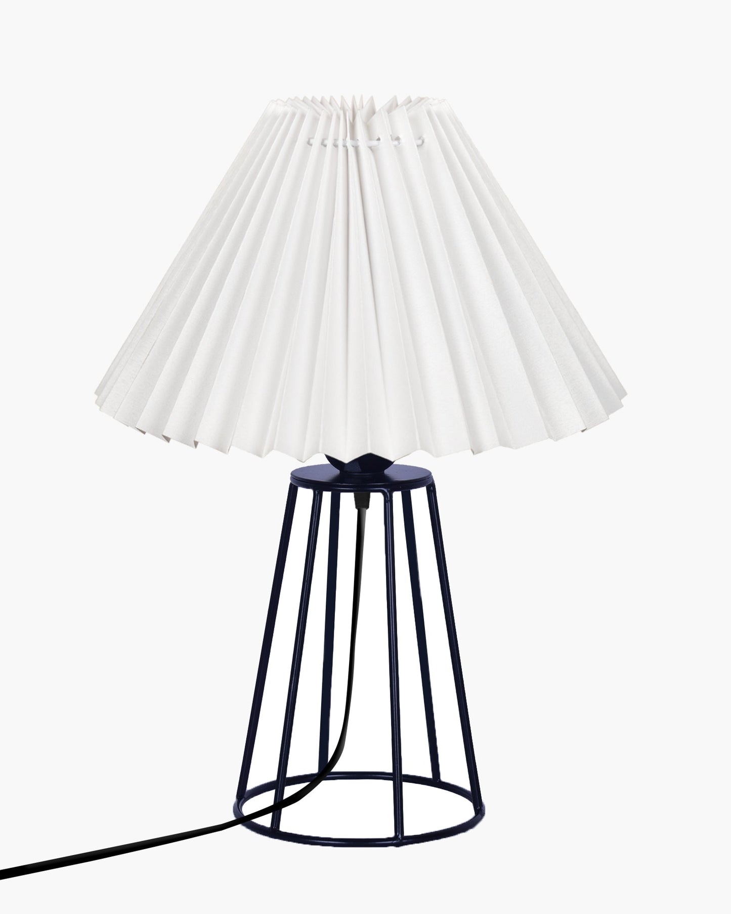 Korean Style Pleated Table Lamp with Wire Frame Base, Bedside Night Lamp for Bedroom & Living Room, Warm White Ambient Lighting, Black Taper, Pleated White