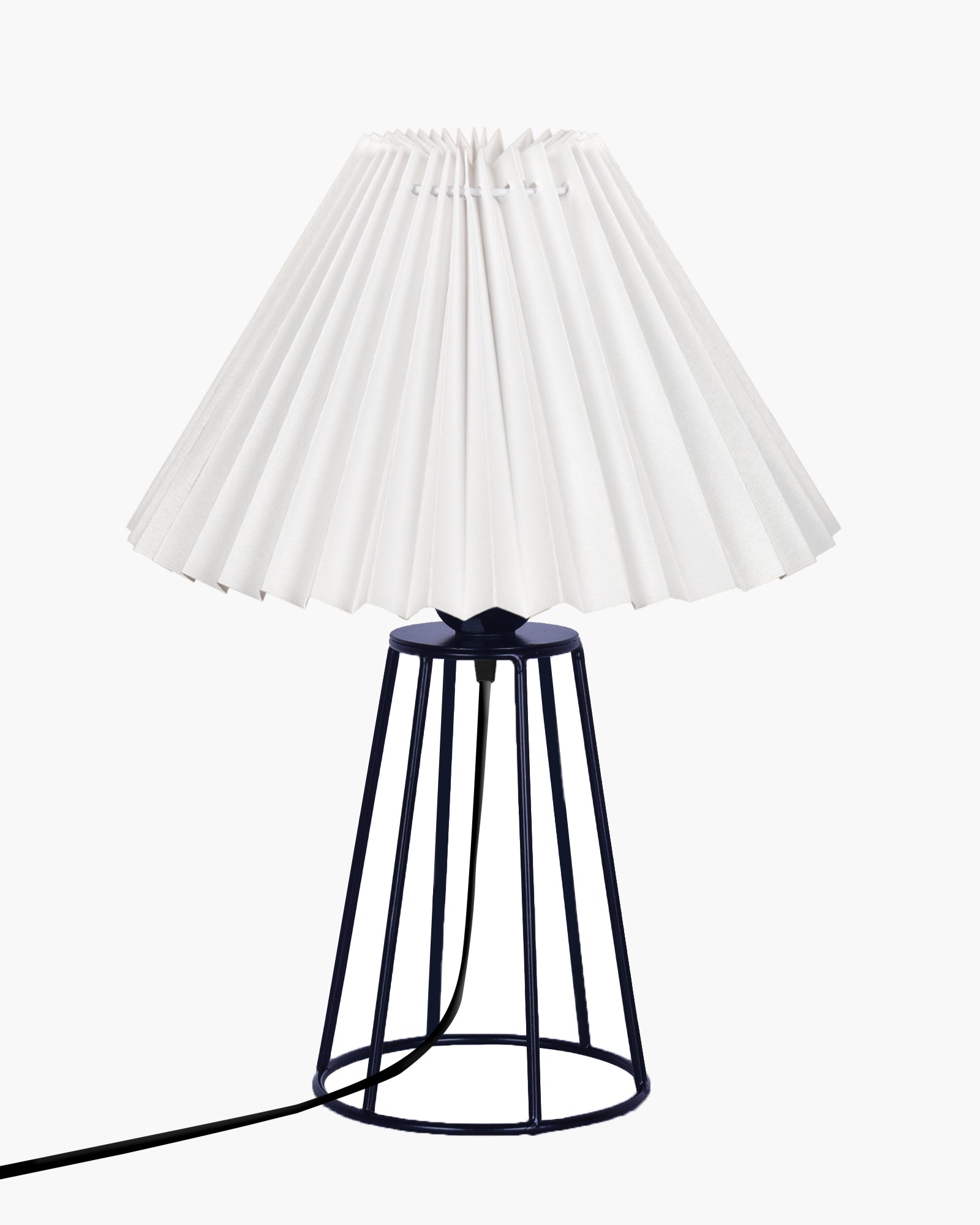 Korean Style Pleated Table Lamp with Wire Frame Base, Bedside Night Lamp for Bedroom & Living Room, Warm White Ambient Lighting, Black Taper, Pleated White