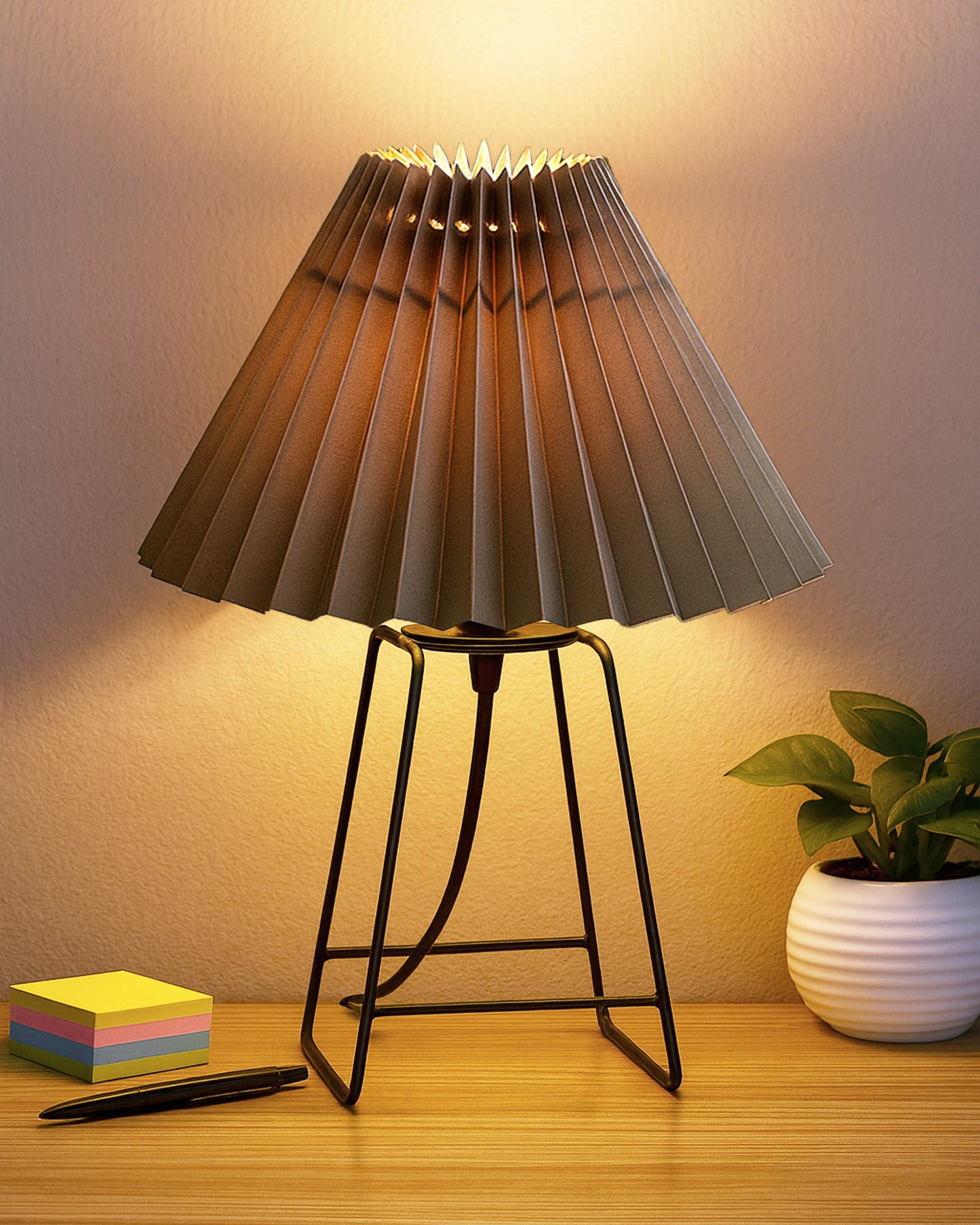 Korean Style Pleated Table Lamp with Wire Frame Base, Bedside Night Lamp for Bedroom & Living Room, Warm White Ambient Lighting, White Taper, Pleated Grey