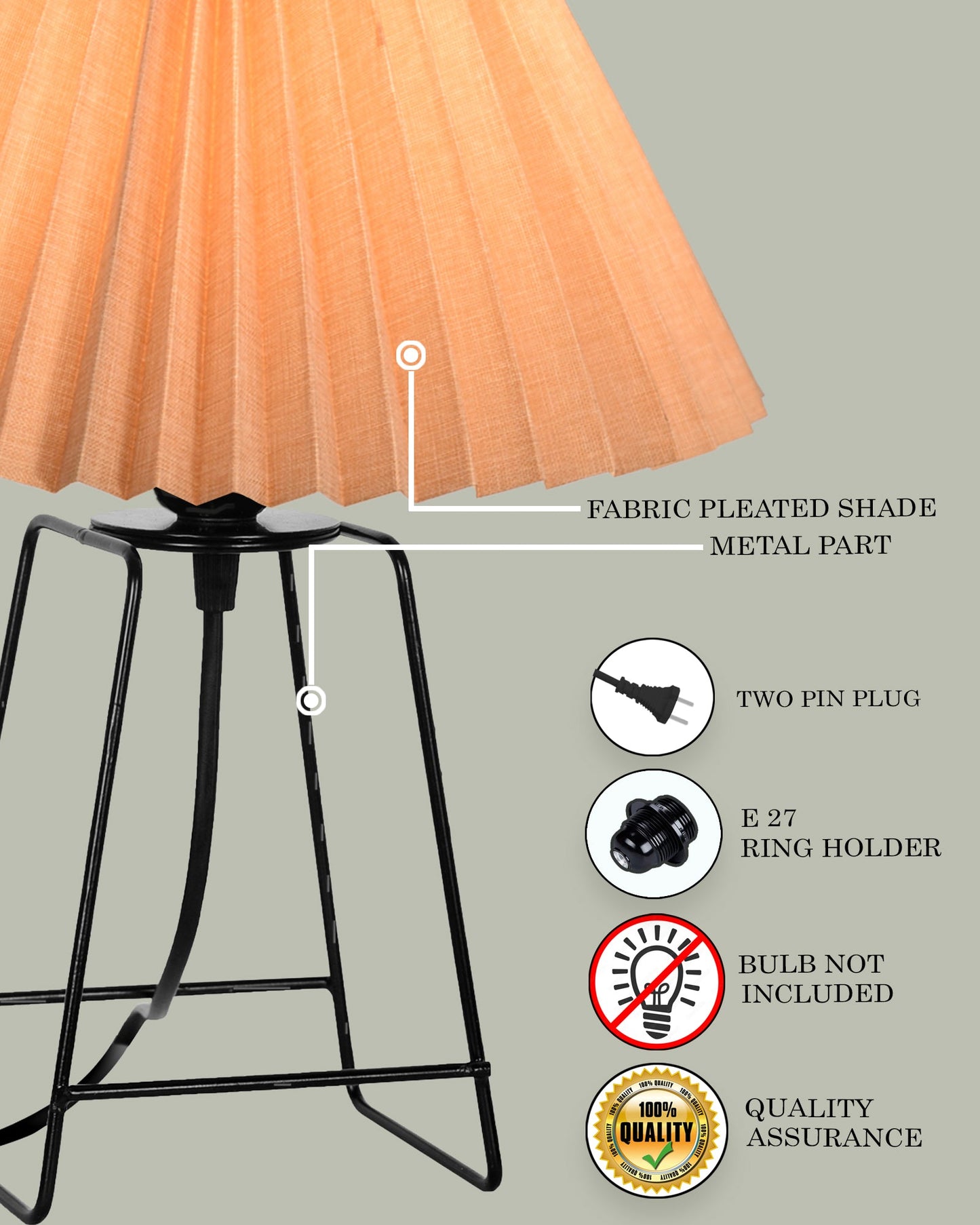 Korean Style Pleated Table Lamp with Wire Frame Base, Bedside Night Lamp for Bedroom & Living Room, Warm White Ambient Lighting, White Taper, Pleated Grey