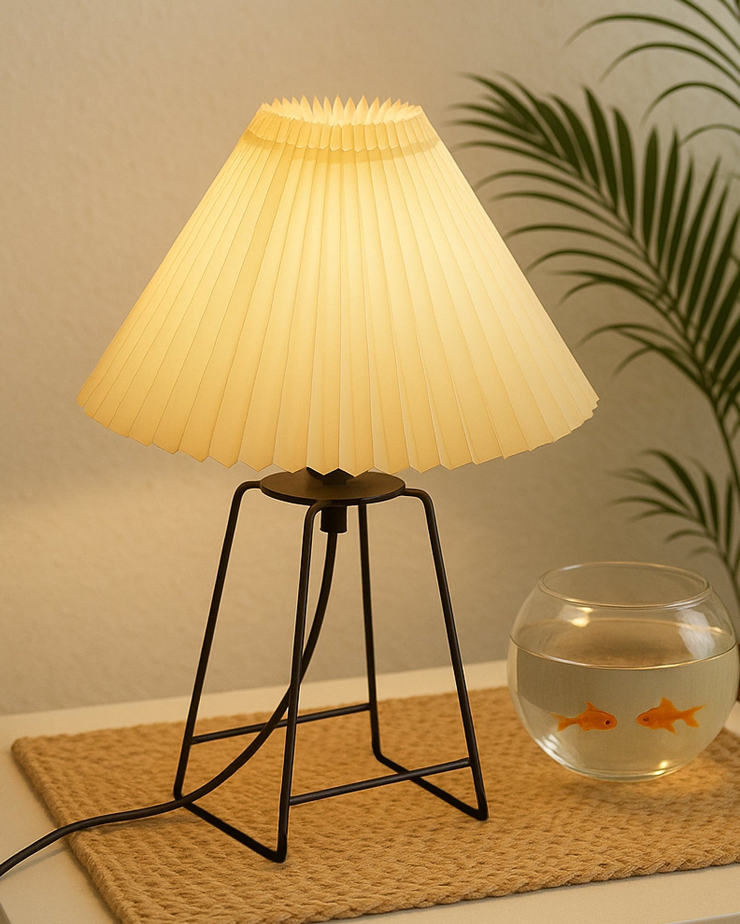 Korean Style Pleated Table Lamp with Wire Frame Base, Bedside Night Lamp for Bedroom & Living Room, Warm White Ambient Lighting, White Taper, Pleated Grey