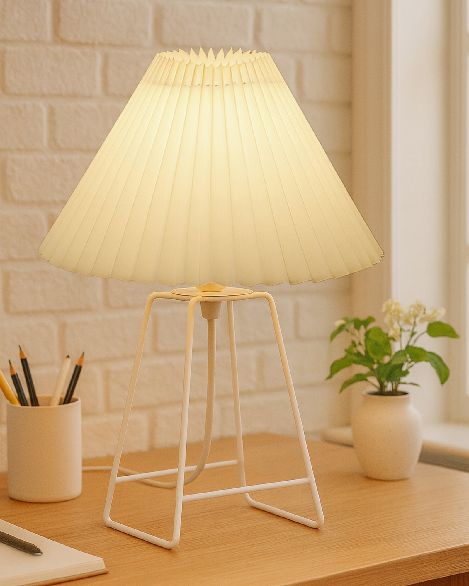Korean Style Pleated Table Lamp with Wire Frame Base, Bedside Night Lamp for Bedroom & Living Room, Warm White Ambient Lighting, White Taper, Pleated off-white