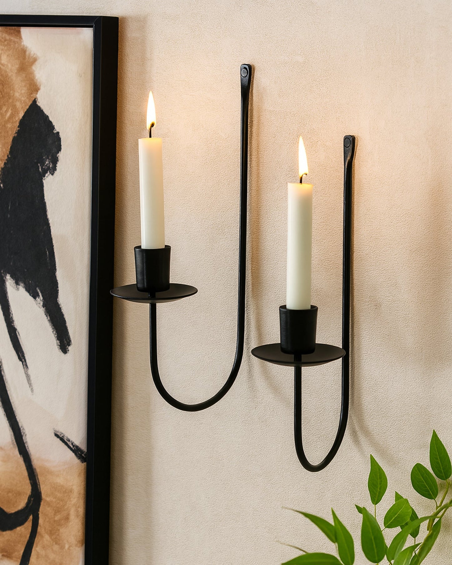 Wall Candle Holder Stand for Living Room, Black Metal Wall Sconce with Taper Candle Holder, Decorative Candle Stand for Diwali, Home Décor (Set of 2)