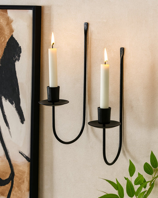 Wall Candle Holder Stand for Living Room, Black Metal Wall Sconce with Taper Candle Holder, Decorative Candle Stand for Diwali, Home Décor (Set of 2)