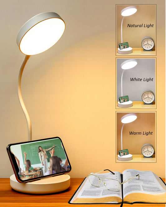 Desk Lamp Rechargeable Battery Operated 3 Level Brightness Study Table Lamp for Students, Study Lamp for Office Table, Night Light for Study Room | Reading Light with Mobile Stand, White