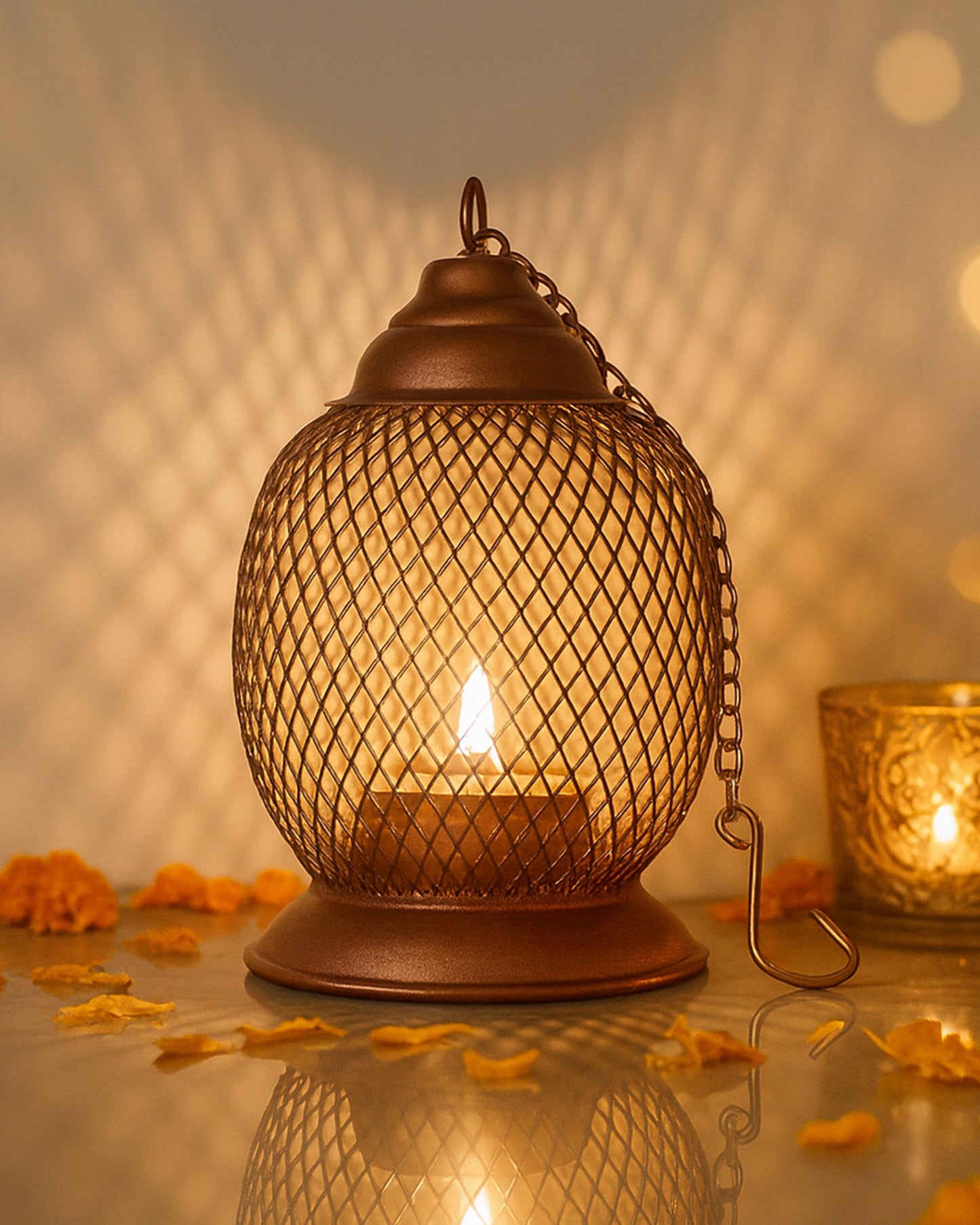 Wire Mesh Metal Tea Light Candle Holder – Decorative Tabletop Stand for Home, Diwali & Festive Décor, Golden