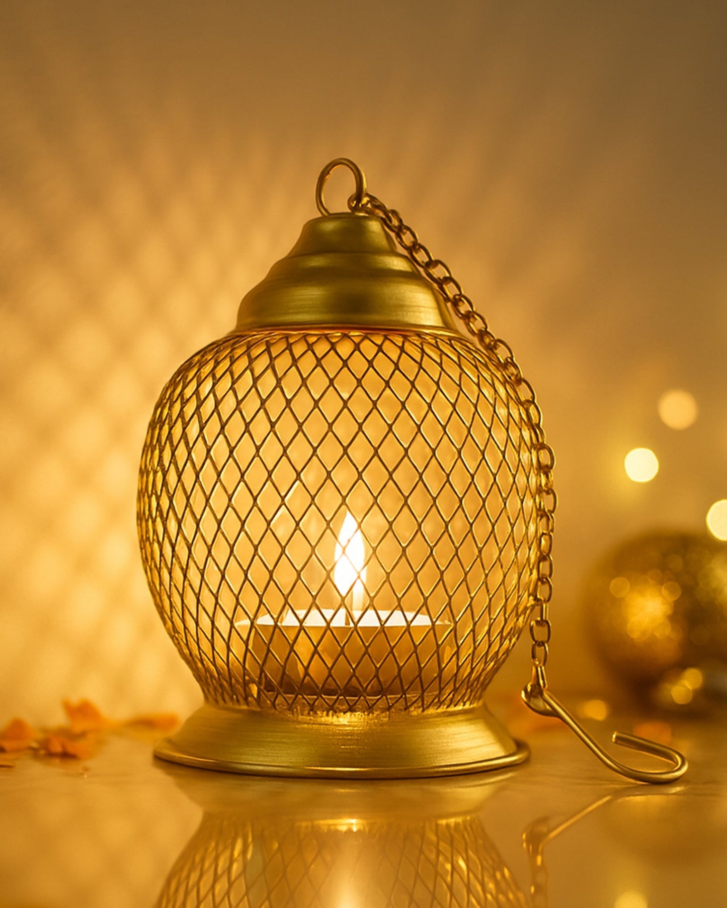 Wire Mesh Metal Tea Light Candle Holder – Decorative Tabletop Stand for Home, Diwali & Festive Décor, Golden