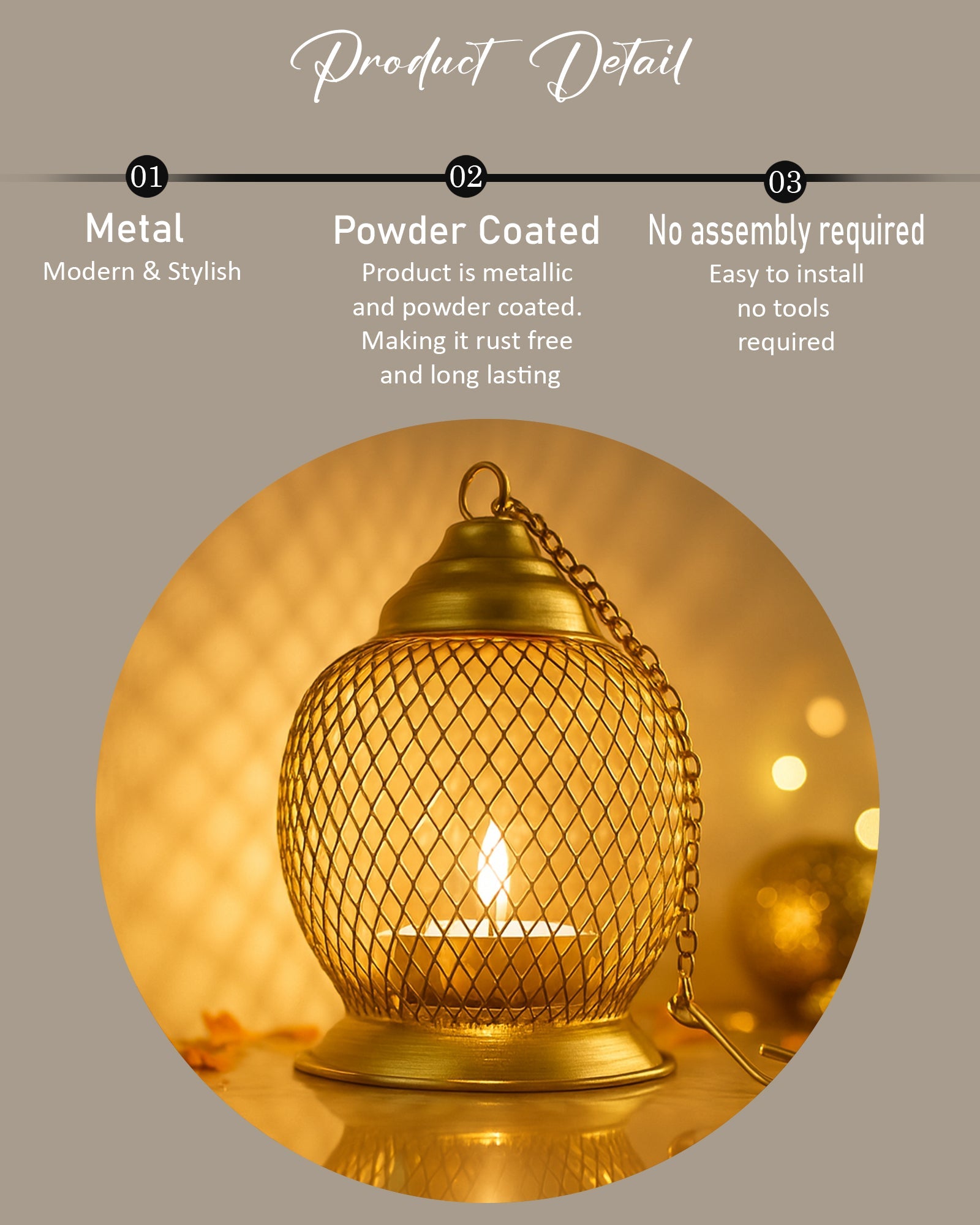 Wire Mesh Metal Tea Light Candle Holder – Decorative Tabletop Stand for Home, Diwali & Festive Décor, Golden