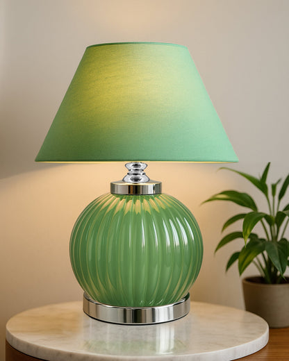 Ripple Glass Table Lamp with Fabric Shade, Bedside Nightstand Lamp for Cozy Bedroom, Living Room & Office