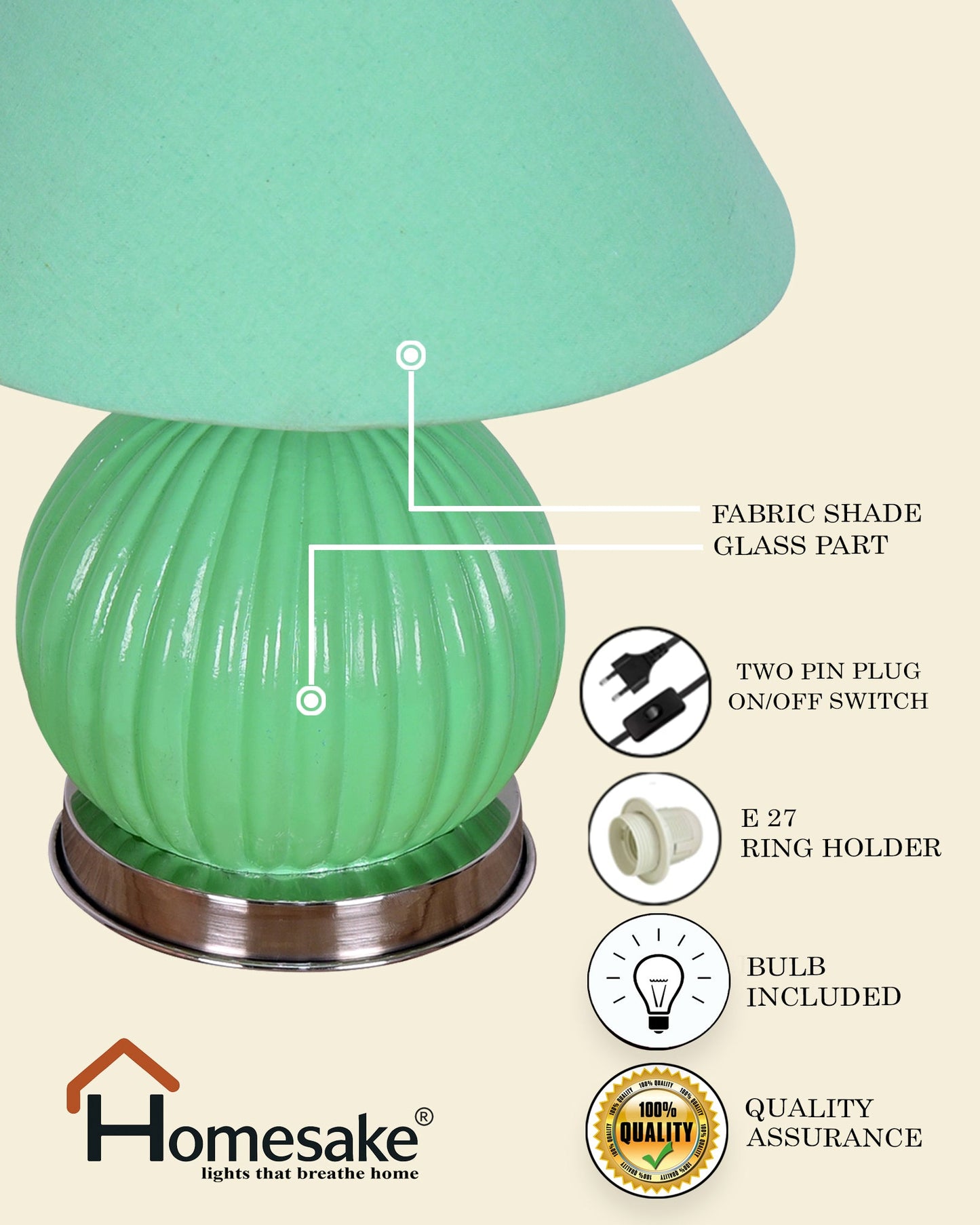 Ripple Glass Table Lamp with Fabric Shade, Bedside Nightstand Lamp for Cozy Bedroom, Living Room & Office