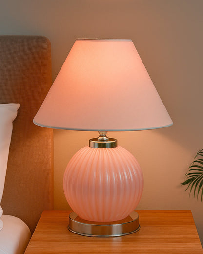 Ripple Glass Table Lamp with Fabric Shade, Bedside Nightstand Lamp for Cozy Bedroom, Living Room & Office