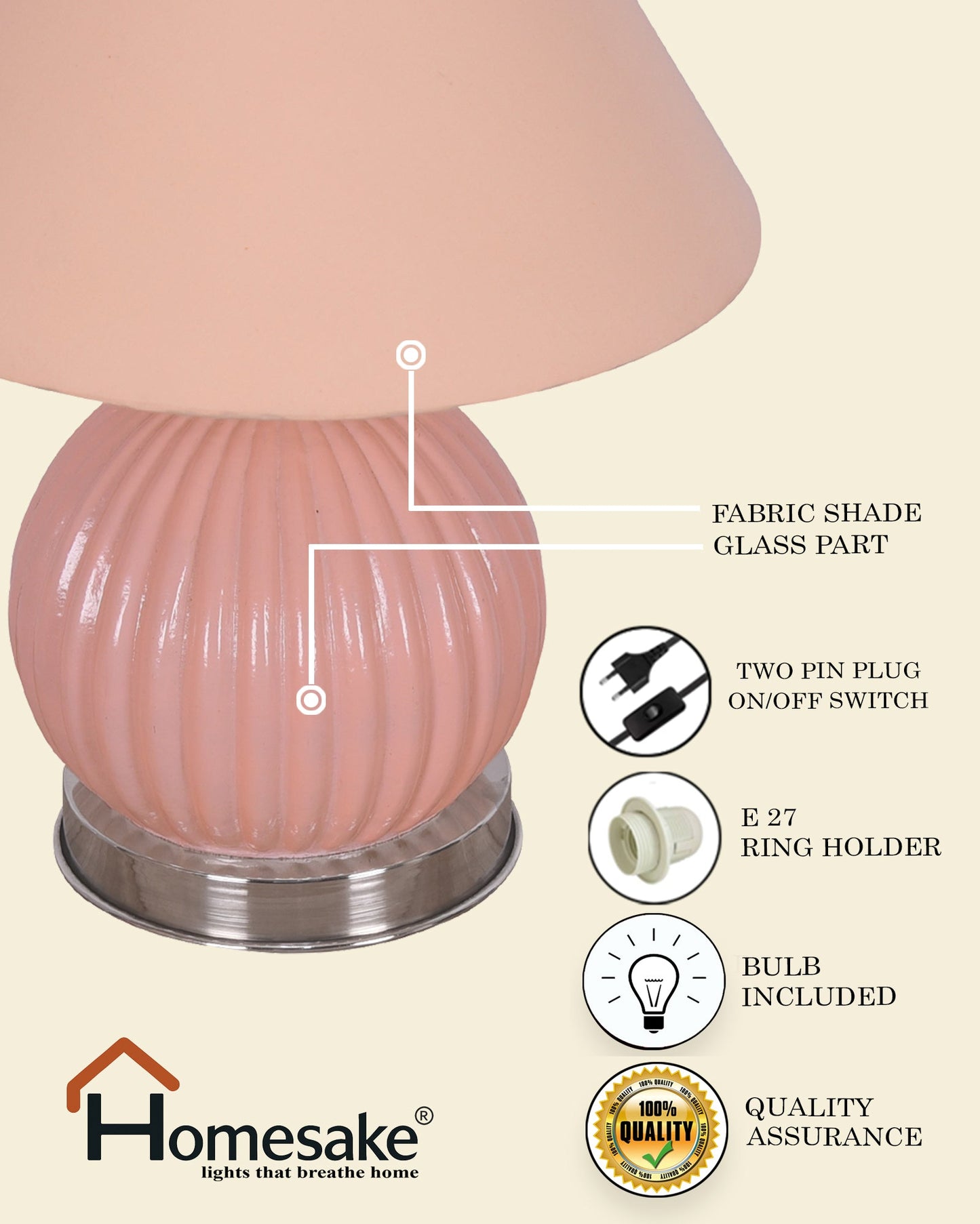 Ripple Glass Table Lamp with Fabric Shade, Bedside Nightstand Lamp for Cozy Bedroom, Living Room & Office