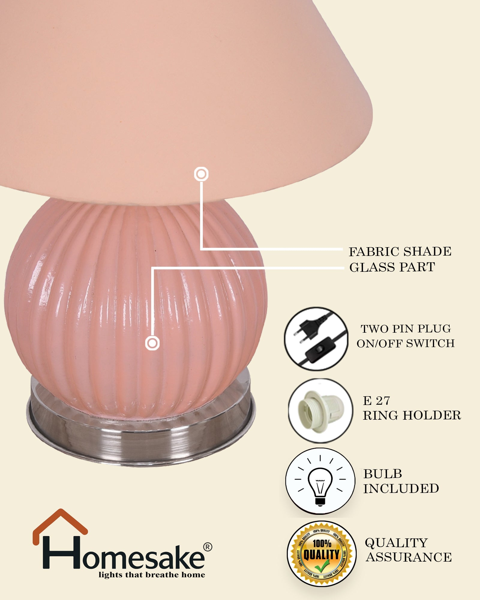 Ripple Glass Table Lamp with Fabric Shade, Bedside Nightstand Lamp for Cozy Bedroom, Living Room & Office